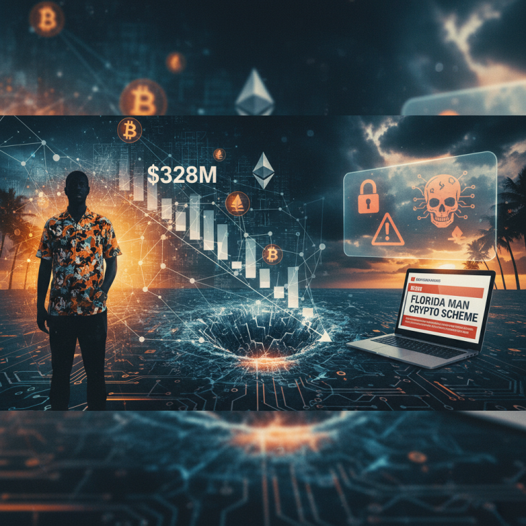 A man in a Hawaiian shirt stands before a digital landscape with crypto symbols, a laptop, and a skull icon.