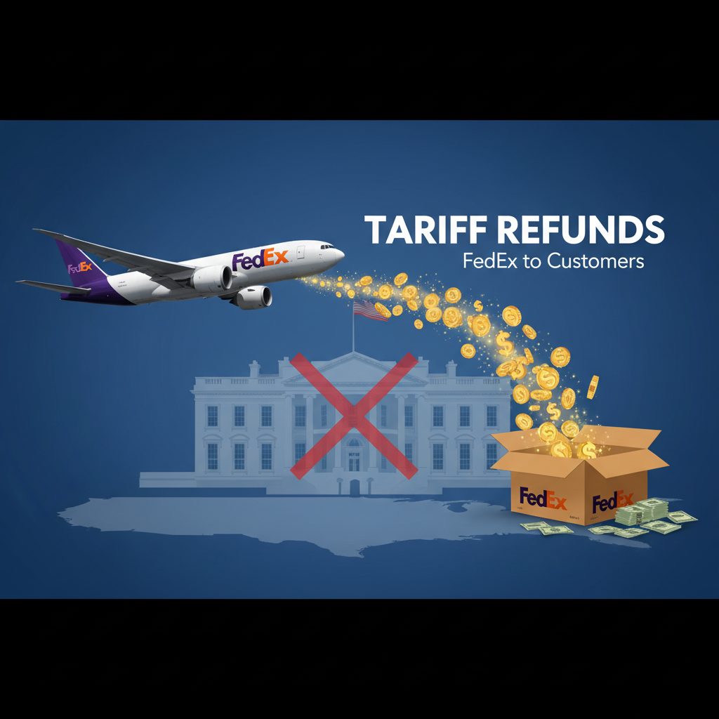 An illustration showing a FedEx plane, the White House with a red X, and a box overflowing with golden coins.