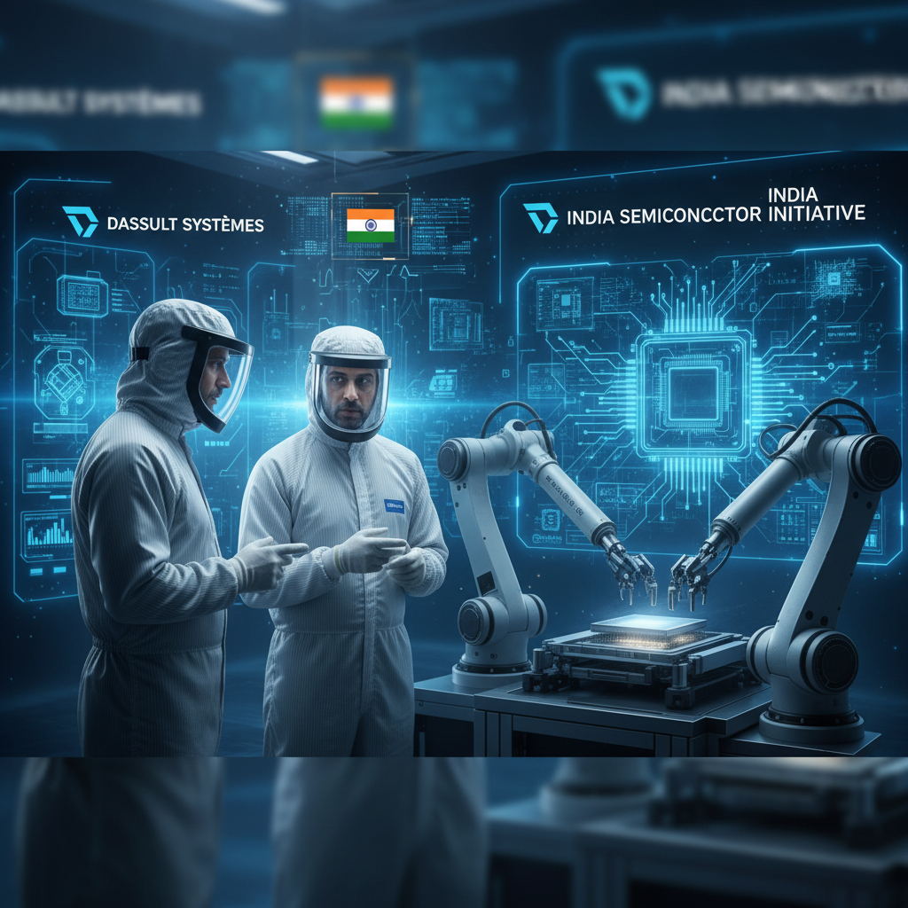 Two engineers in cleanroom suits observe robotic arms working on a semiconductor wafer, with circuit board graphics and India's flag.