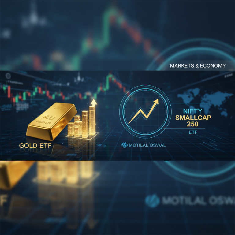 Digital illustration showing gold bars, a rising bar chart, and a financial graph with "NIFTY SMALLCAP 250 ETF" and "GOLD ETF" text.