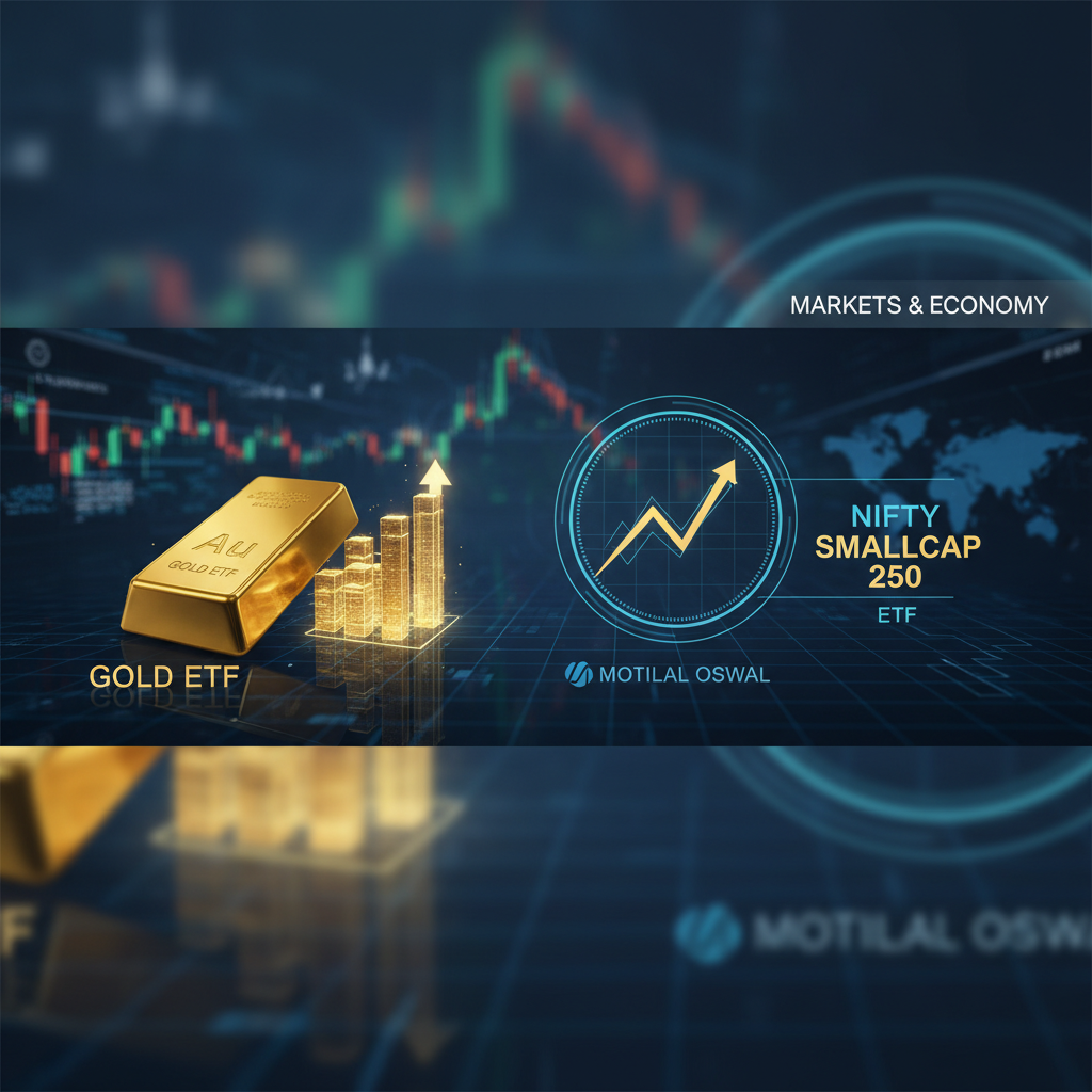 Digital illustration showing gold bars, a rising bar chart, and a financial graph with "NIFTY SMALLCAP 250 ETF" and "GOLD ETF" text.