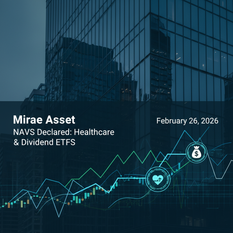 A professional graphic for Mirae Asset's NAV declaration with financial charts and icons for healthcare and dividends.