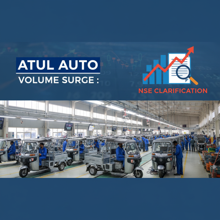 A factory floor with Atul Auto vehicles and workers, overlaid with a graph showing an upward trend and a magnifying glass.