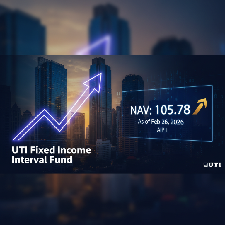 A professional graphic indicating growth, with "UTI Fixed Income Interval Fund" and "NAV: 105.78 As of Feb 26, 2026 AIP I".