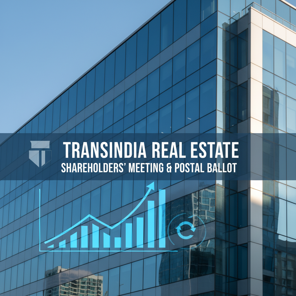 A modern glass building reflecting blue sky, overlaid with text "Transindia Real Estate Shareholders' Meeting & Postal Ballot" and an upward trending graph.