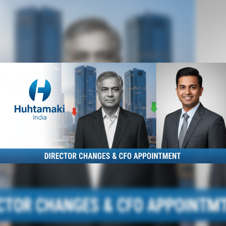 Professional image depicting executive changes at Huhtamaki India with two male executives.