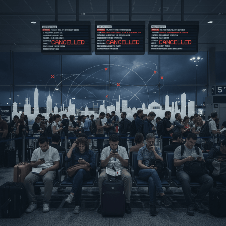 Passengers in an airport lounge, looking at their phones with "CANCELLED" on departure boards and a superimposed global flight network.