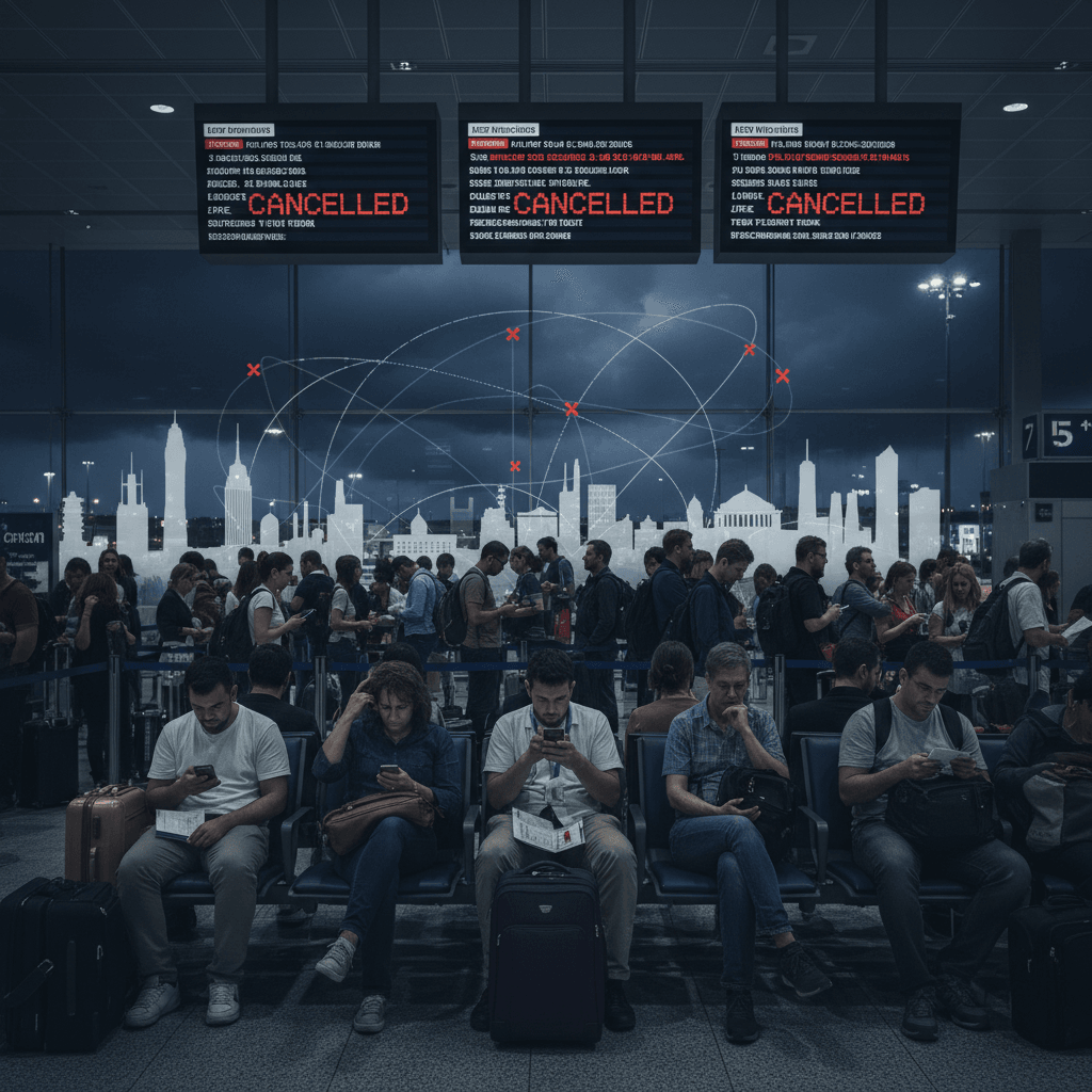 Passengers in an airport lounge, looking at their phones with "CANCELLED" on departure boards and a superimposed global flight network.
