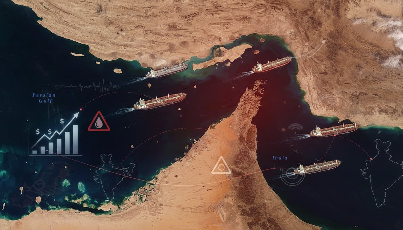 An overhead view of the Strait of Hormuz with oil tankers, warning signs, and a graph showing rising costs, indicating shipping risks.