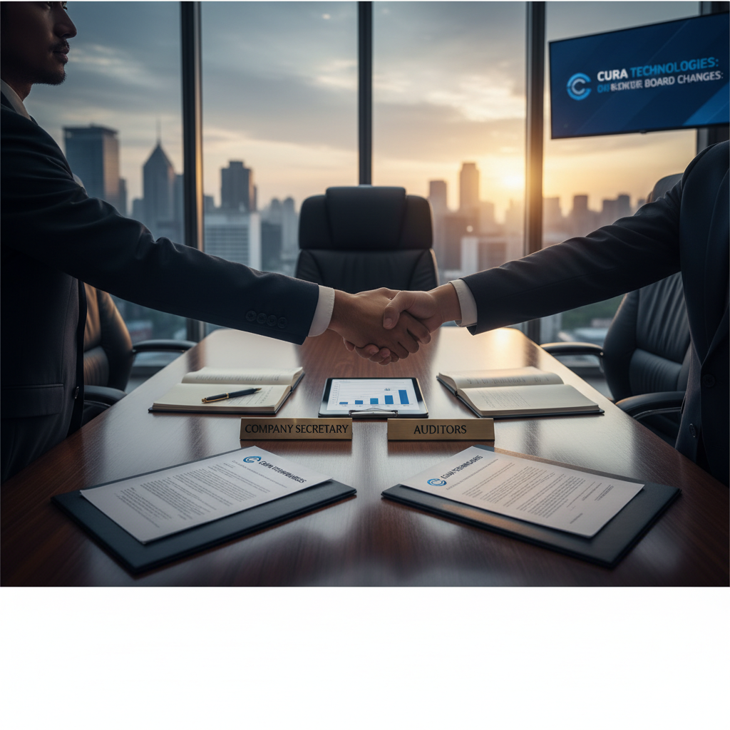 Two business professionals shaking hands across a boardroom table with cityscape background.