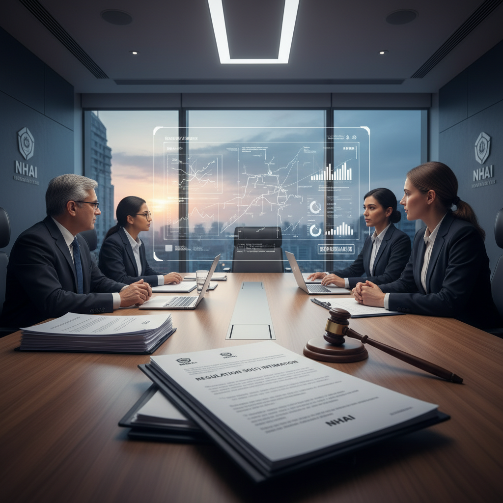 A professional image of four executives in a modern boardroom with NHAI logos, documents, and a gavel on the table.