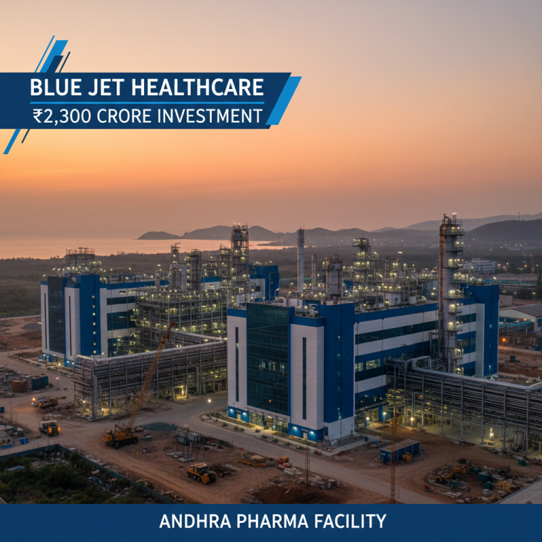 A modern pharmaceutical manufacturing plant at dusk, with "Blue Jet Healthcare" and "₹2,300 CRORE INVESTMENT" overlaid.