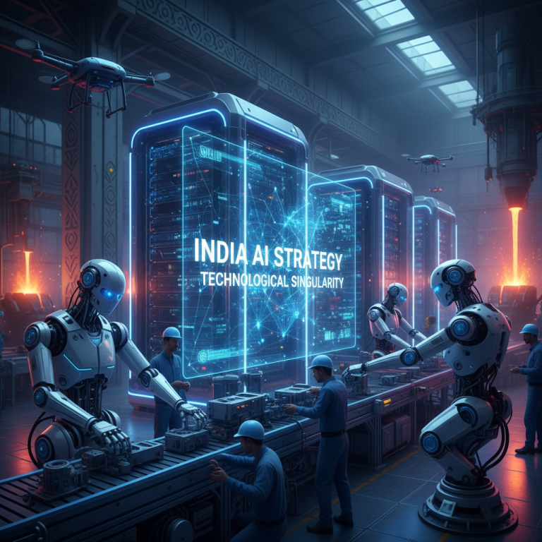 Robots and humans collaborate in an advanced manufacturing facility, with holographic data displays.