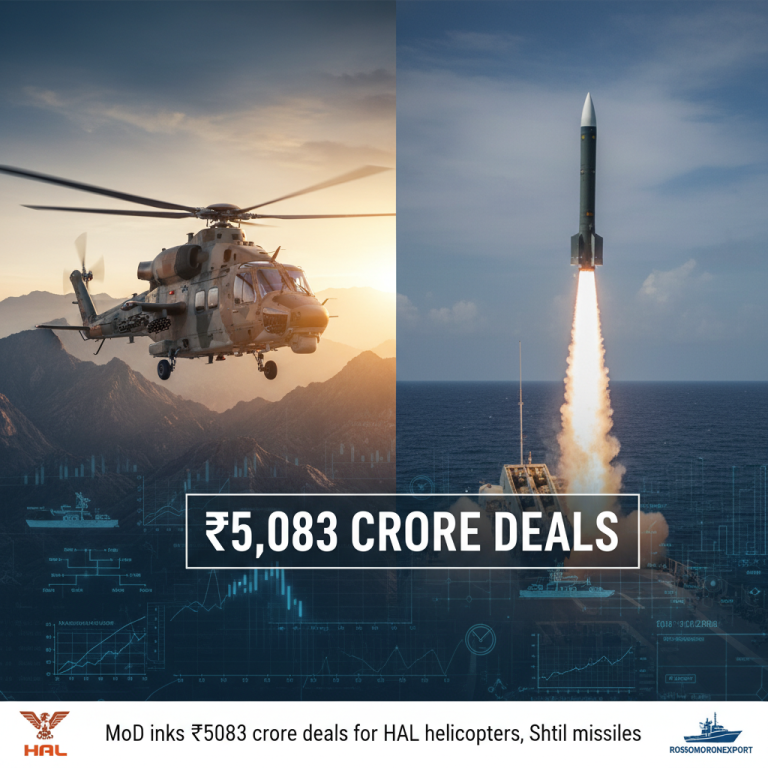 Split image of a military helicopter in flight and a missile launching from a ship, with financial graphics overlay.