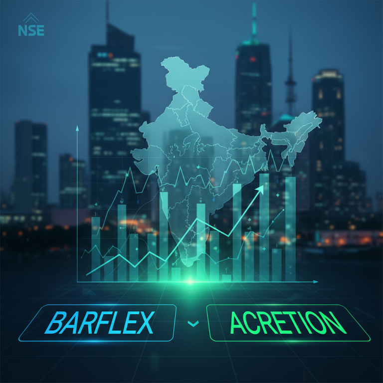 A professional image representing corporate announcements on the National Stock Exchange of India, with "Barflex" and "Accretion" highlighted.