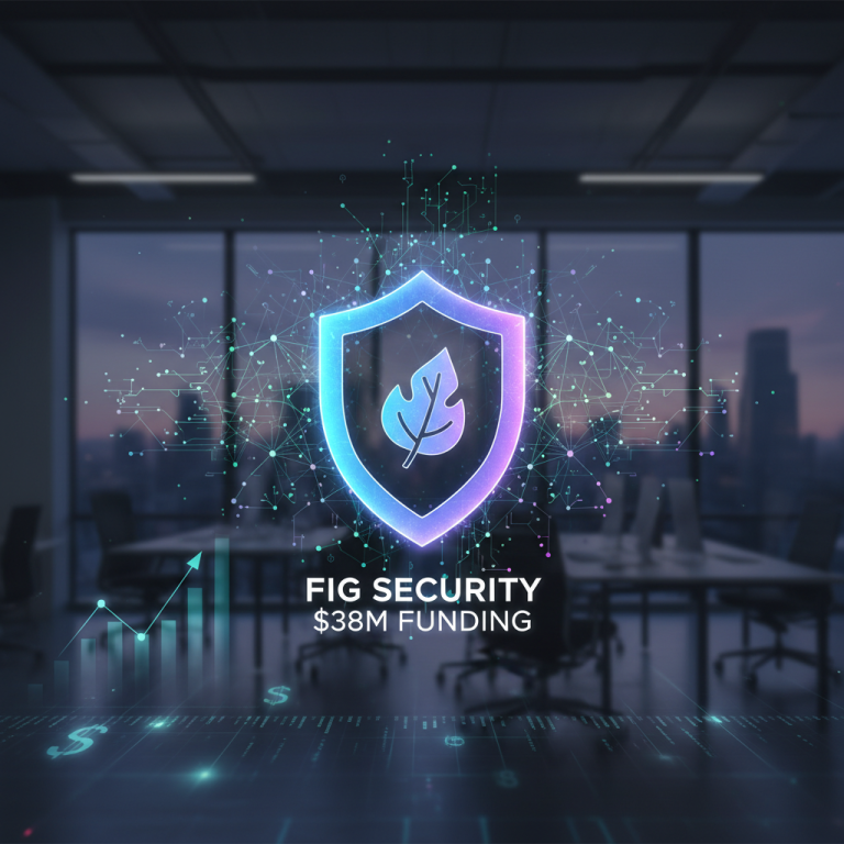 A glowing shield icon with a fig leaf, superimposed over a modern office background, symbolizing digital security and growth.