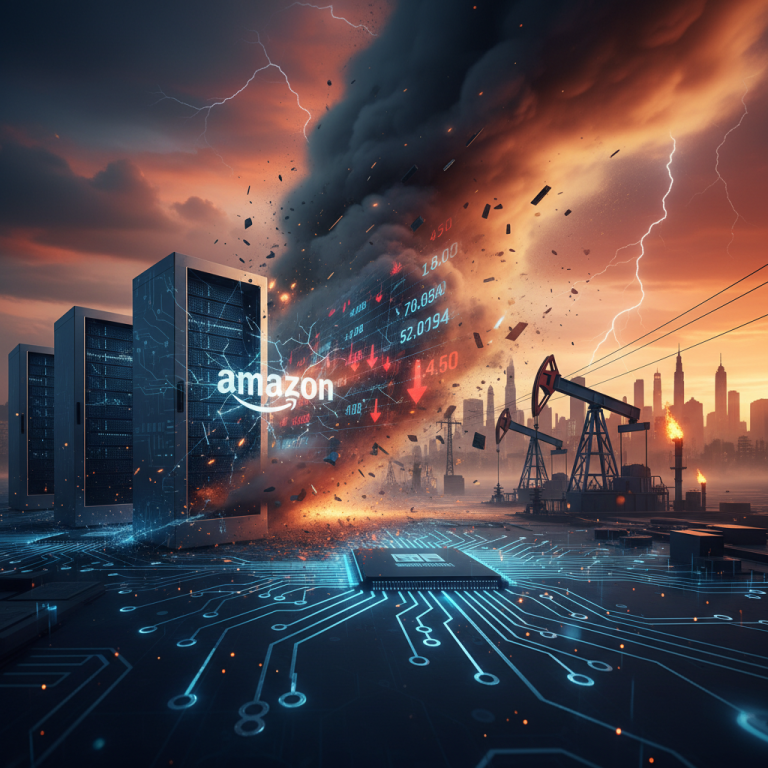 Server racks, Amazon logo, falling stock prices, oil rigs, and a city skyline under a stormy, fiery sky.
