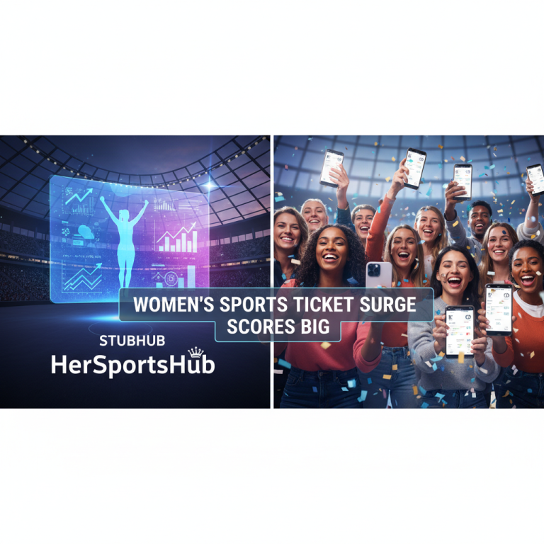 A split image showing data visualization in a stadium and cheering fans with phones, representing StubHub's HerSportsHub.