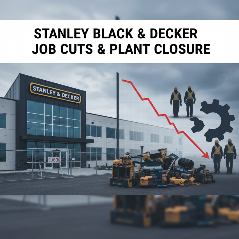 A Stanley Black & Decker plant with a "CLOSED" sign, workers, tools, and a downward trend graph.