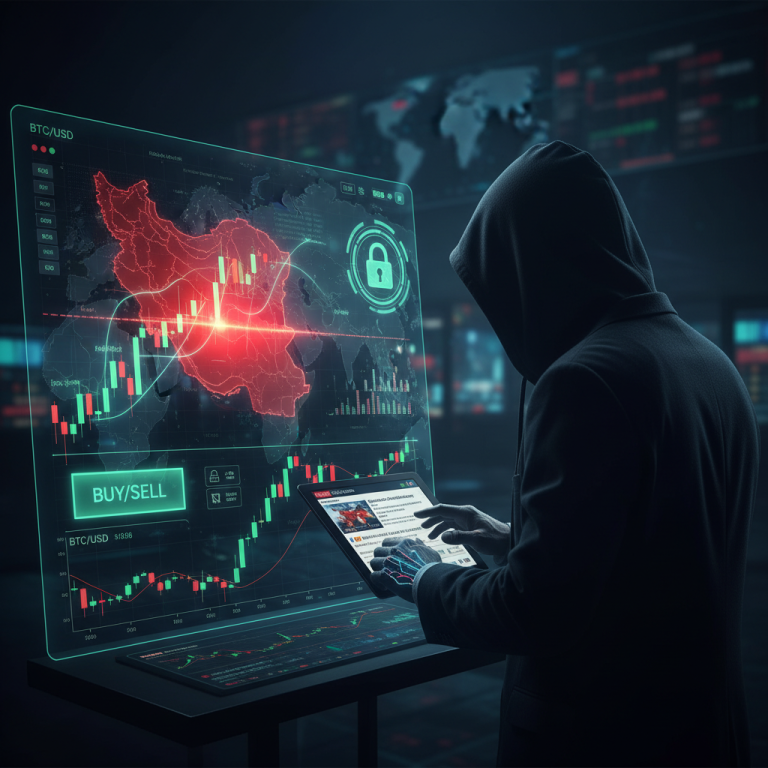 Hooded figure interacting with a futuristic financial interface displaying crypto charts and a map of Iran.