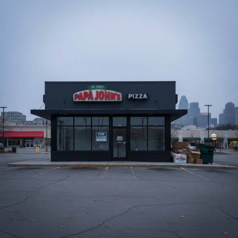 An empty Papa John's pizza restaurant with a "For Lease" sign, signaling closures and retail challenges.