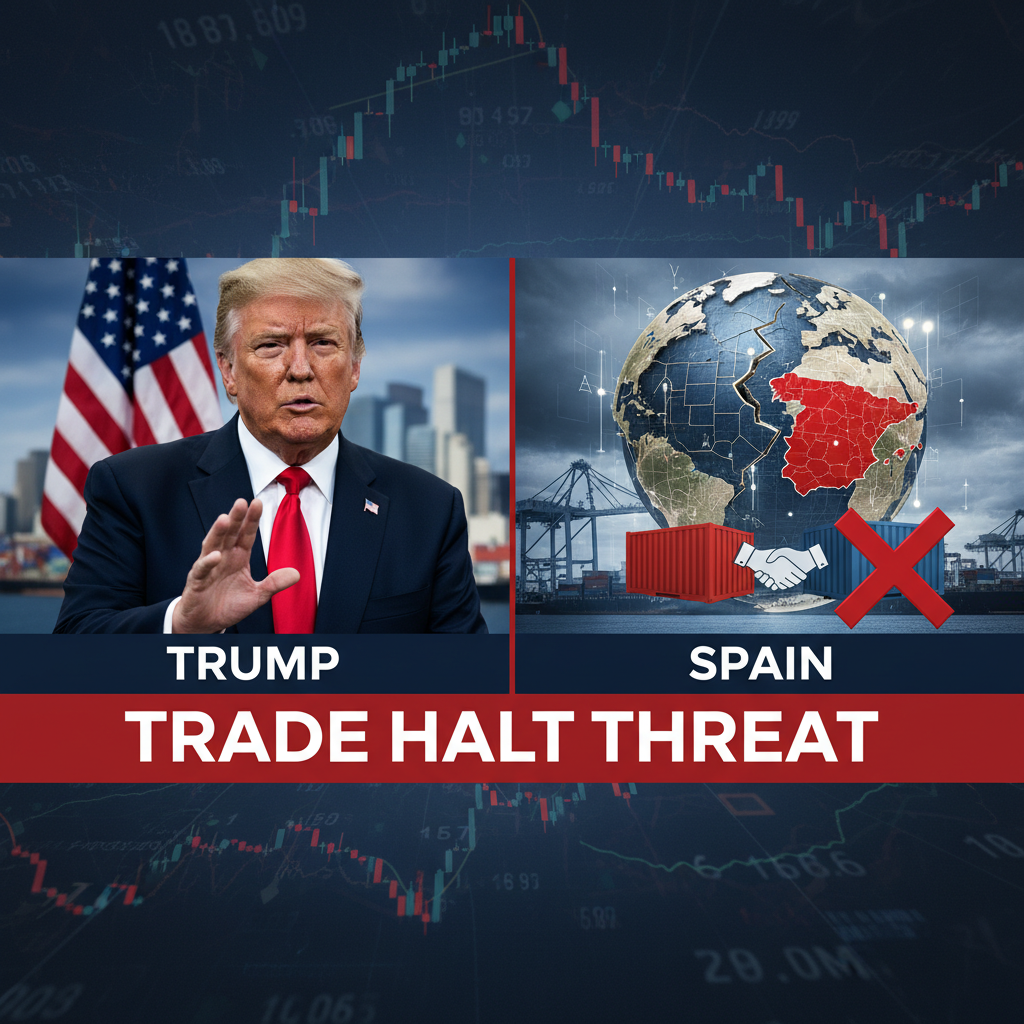 A split image of Trump and a globe with Spain highlighted, crossed out handshake, and containers symbolizing trade tensions.