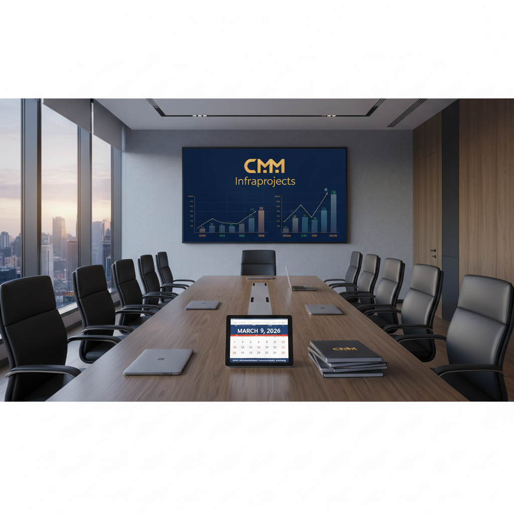 A modern boardroom with "CMM Infraprojects" logo and a bar chart on a large screen, and a tablet showing "March 9, 2026".