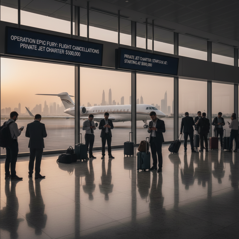 Passengers looking at phones in a modern airport lounge with a private jet and Dubai skyline visible through the window.