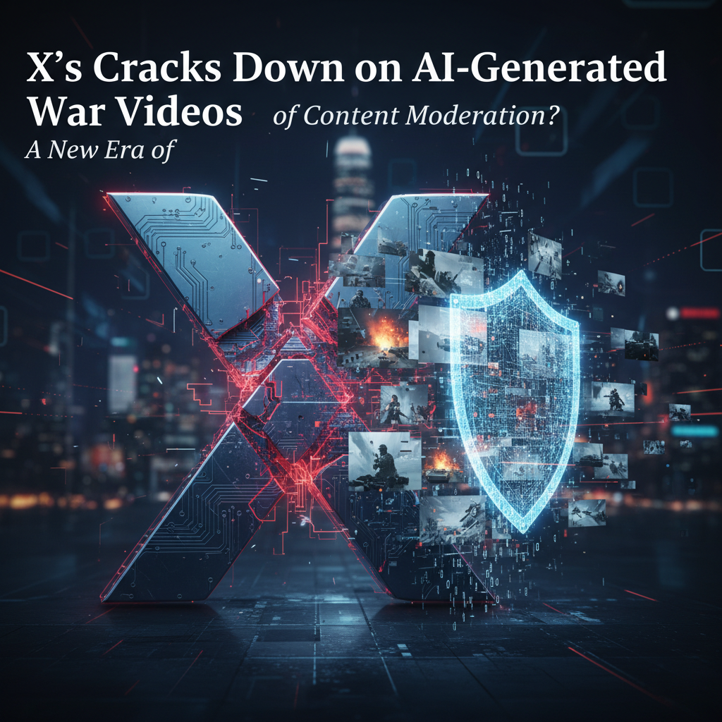 A prominent "X" logo with circuit board patterns, glowing red, surrounded by small war video stills and a blue digital shield.