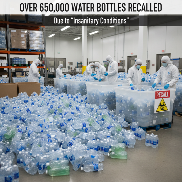 Workers in protective suits inspecting a large pile of plastic water bottles with a "RECALL" sign.