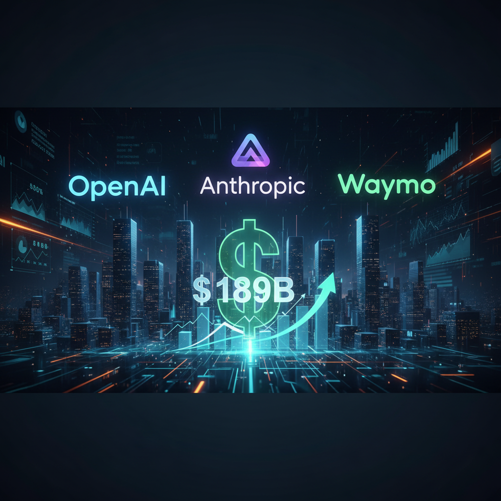 A futuristic cityscape with "OpenAI," "Anthropic," and "Waymo" text, a large "$189B" dollar sign, and an upward arrow.