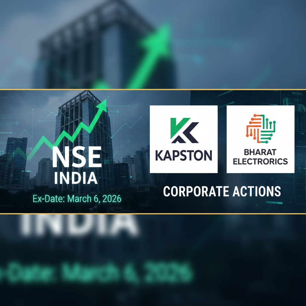 A professional image showing the NSE India logo, Kapston and Bharat Electronics logos, and "Corporate Actions, Ex-Date: March 6, 2026"