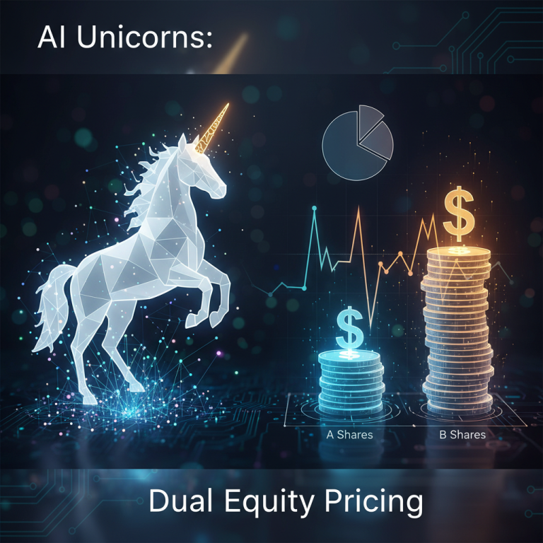 A glowing, geometric unicorn next to stacks of coins labeled 'A Shares' and 'B Shares' with a graph, circuit board background.