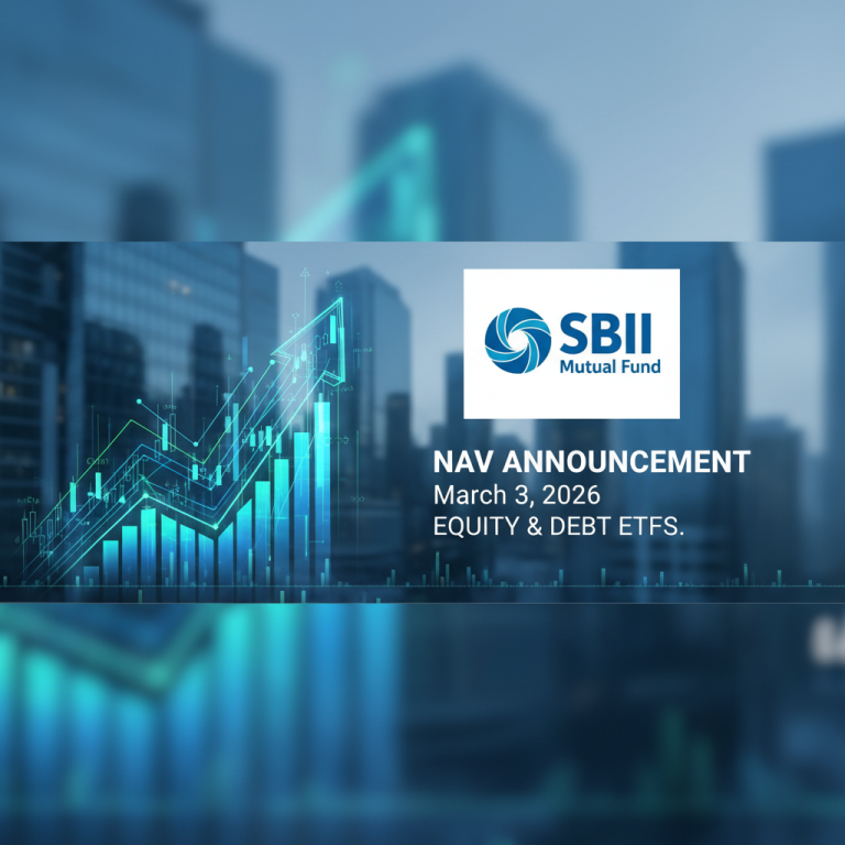 A professional image with the SBI Mutual Fund logo, a rising stock chart, and text about NAV announcement for ETFs.
