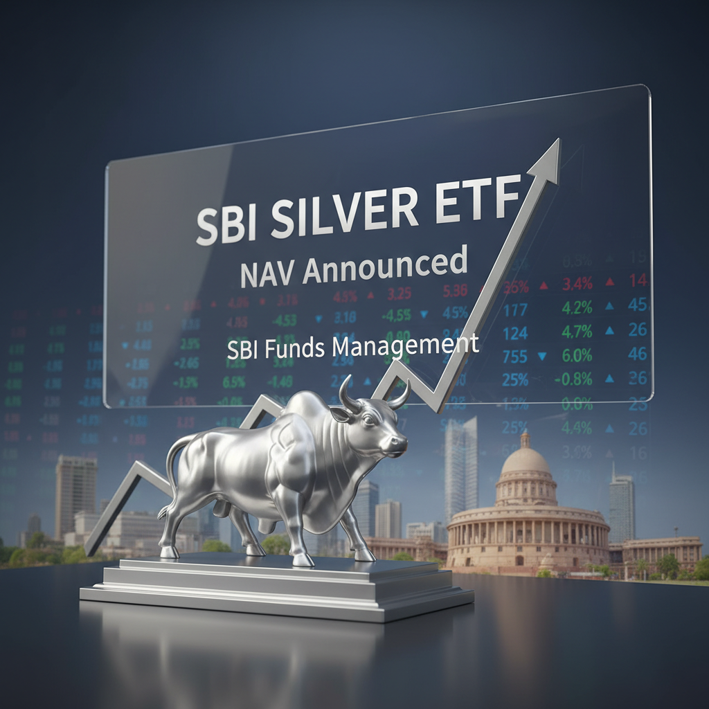 A silver bull statue in front of a modern city skyline and financial data, representing growth and investment.
