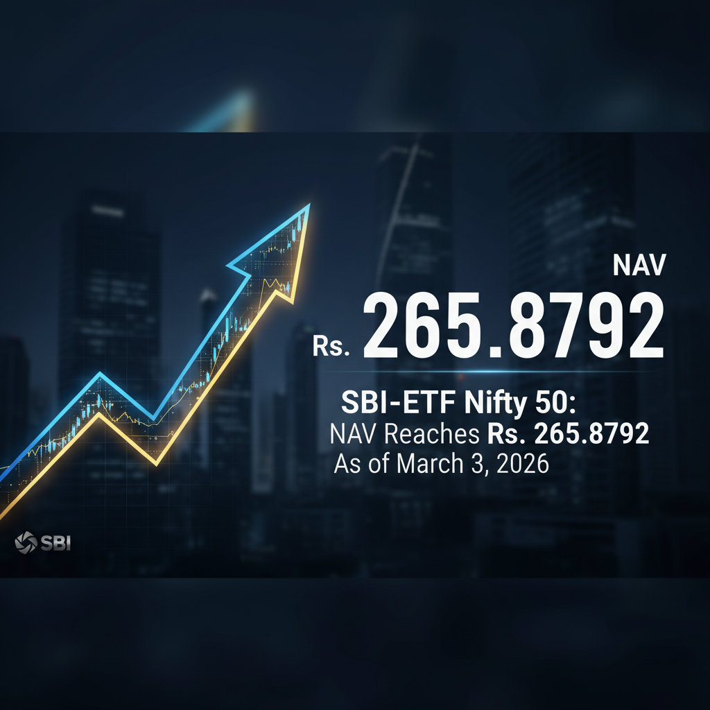 A professional image depicting a financial graph with an upward trend and the text "SBI-ETF Nifty 50: NAV Reaches Rs. 265.8792 As of March 3, 2026".