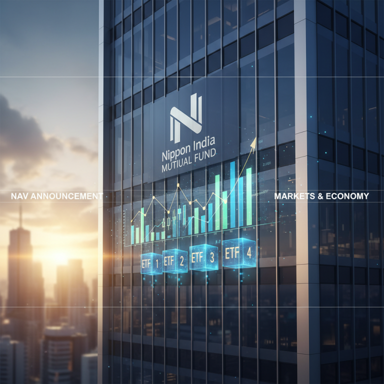 A modern skyscraper with the Nippon India Mutual Fund logo and a superimposed digital graph showing ETF performance.