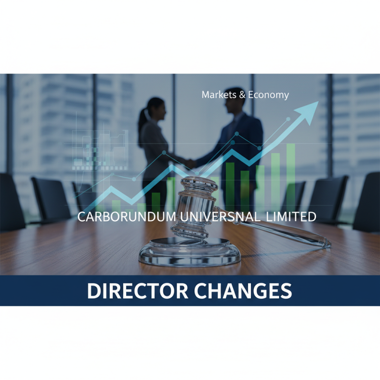 A gavel rests on a conference table with a blurred background of two business people shaking hands and an upward-trending financial graph.