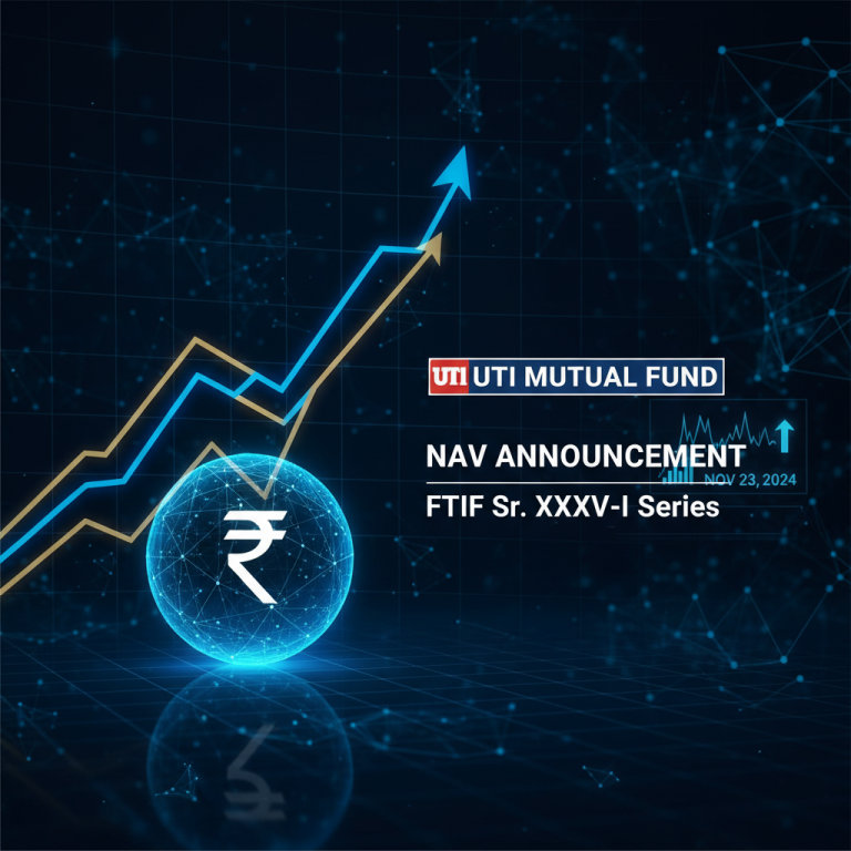 A professional image representing mutual funds with an upward trend, the Indian Rupee symbol, and the UTI Mutual Fund logo.