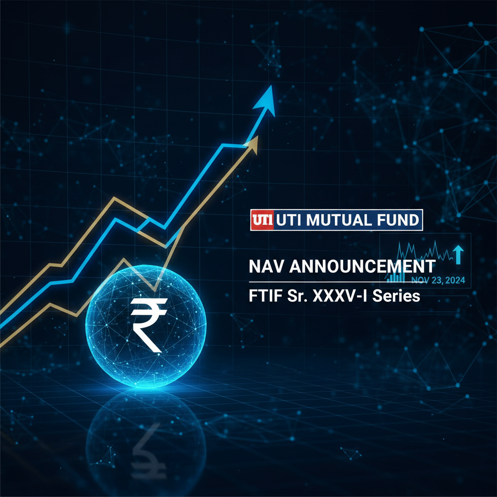 A professional image representing mutual funds with an upward trend, the Indian Rupee symbol, and the UTI Mutual Fund logo.