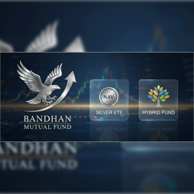 A professional image representing Bandhan Mutual Fund with icons for Silver ETF and Hybrid Fund, against a financial chart background.