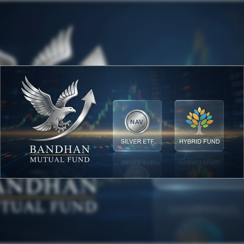 A professional image representing Bandhan Mutual Fund with icons for Silver ETF and Hybrid Fund, against a financial chart background.