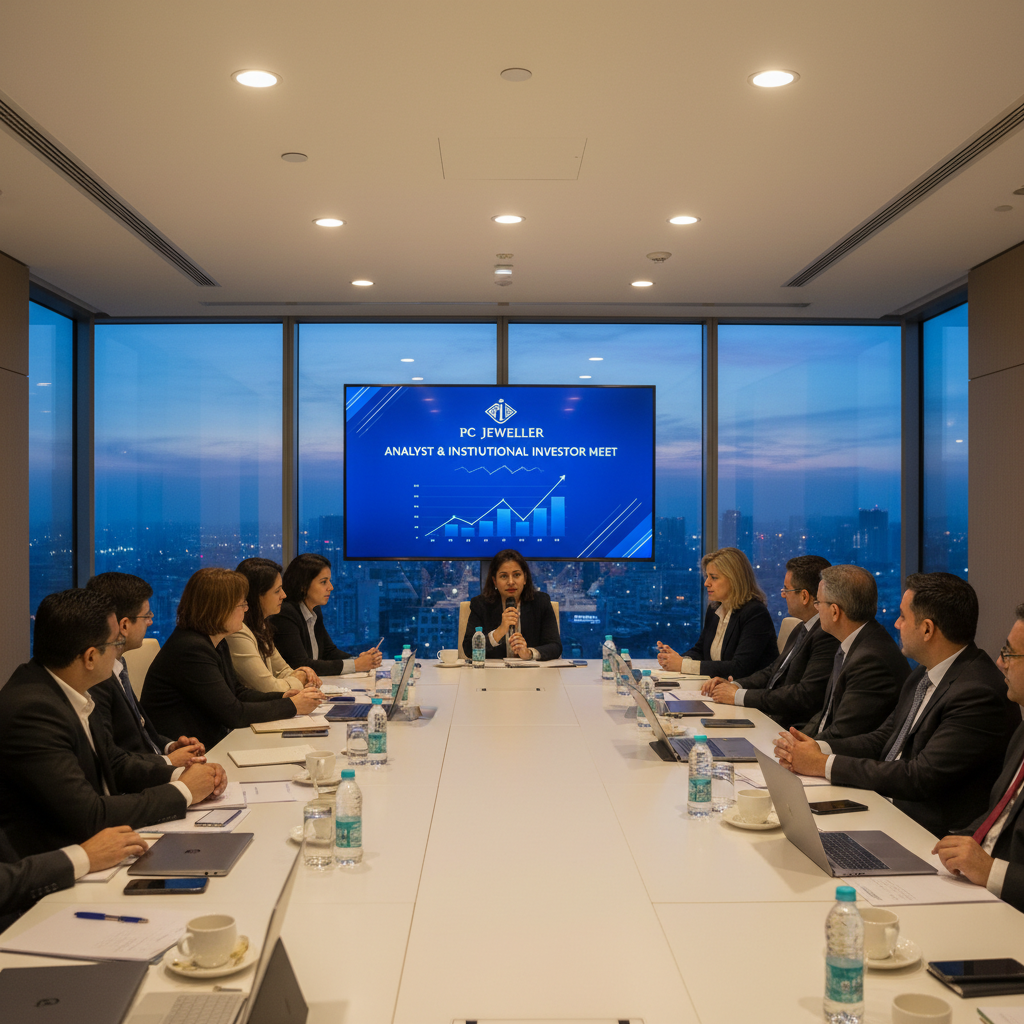A group of professionals attending PC Jeweller's Analyst & Institutional Investor Meet in a modern conference room.