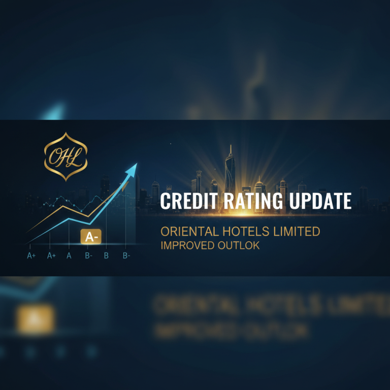 A professional graphic for Oriental Hotels Limited credit rating update, showing an upward trend and cityscape.
