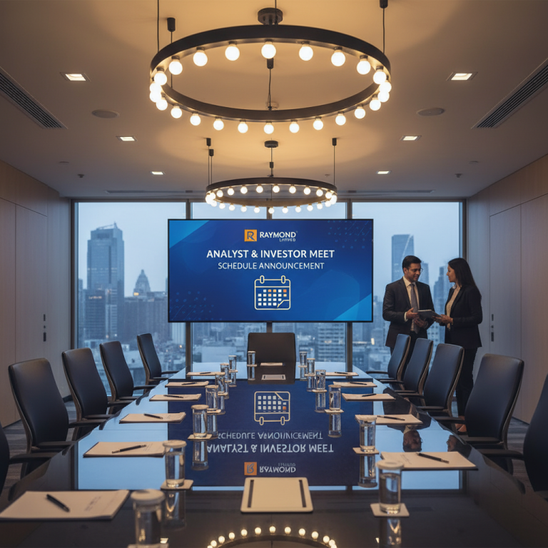 Two professionals discussing in a modern conference room with a city view, screen displaying "Raymond Limited Analyst & Investor Meet".