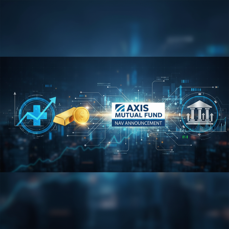 Digital illustration of Axis Mutual Fund NAV announcement with icons for healthcare, gold, and banking ETFs.