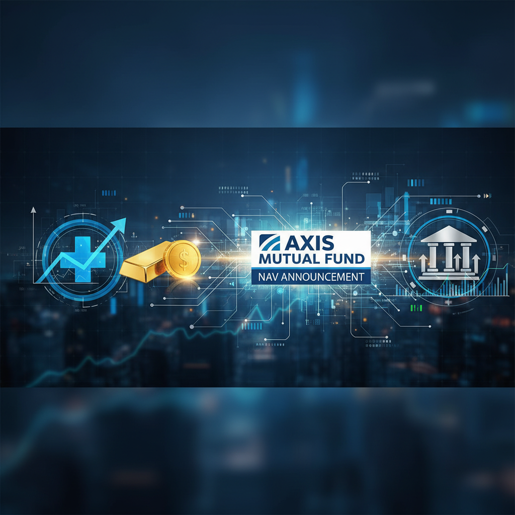 Digital illustration of Axis Mutual Fund NAV announcement with icons for healthcare, gold, and banking ETFs.