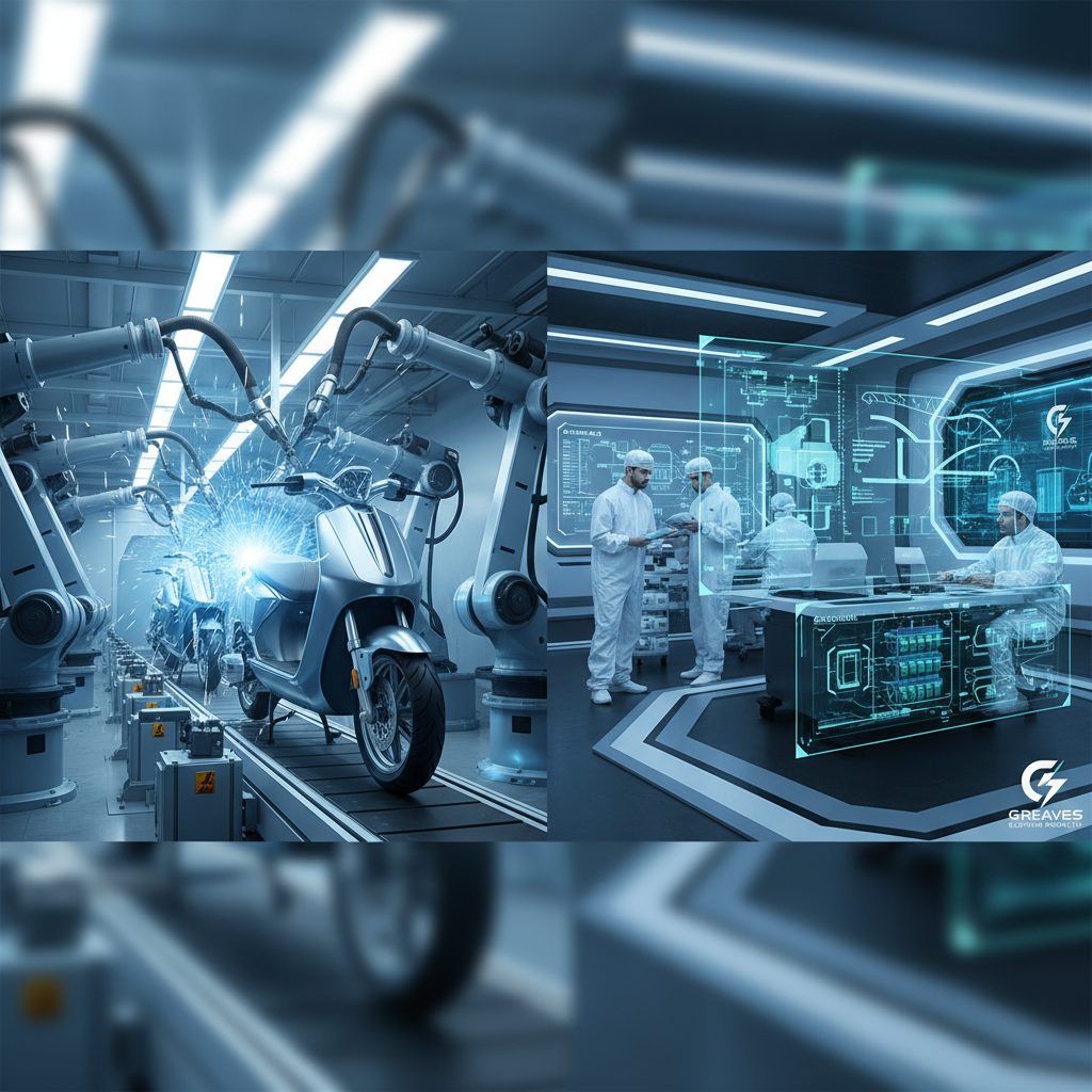 A modern manufacturing facility for electric scooters with robotic arms and a separate R&D lab with scientists.