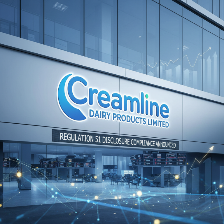 Modern building with Creamline Dairy Products Limited logo, digital stock tickers, and an overlay of financial graphs.