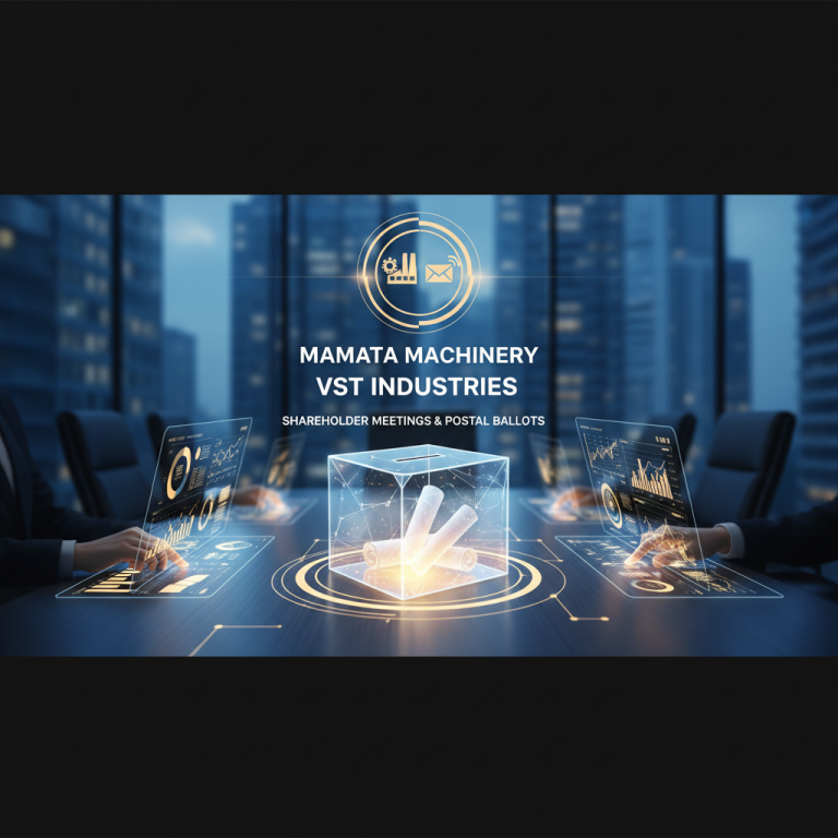 Digital representation of a ballot box and voting papers at a corporate meeting table with futuristic interfaces.